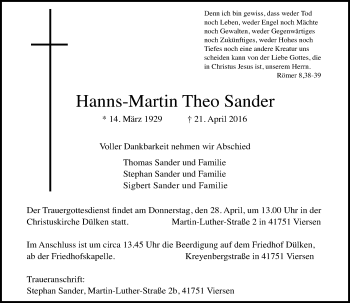 Traueranzeige von Hanns-Martin Theo Sander von Rheinische Post