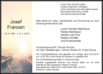 Traueranzeige von Josef Franzen von Rheinische Post