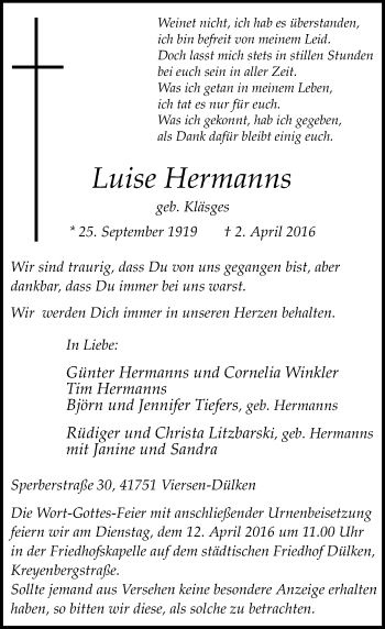 Traueranzeige von Luise Hermanns von Rheinische Post