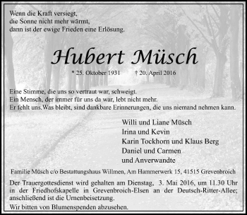 Traueranzeige von Hubert Müsch von Rheinische Post