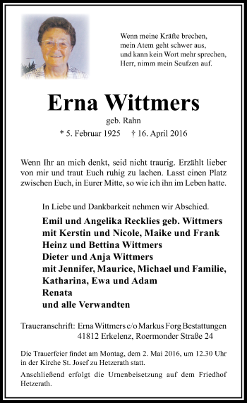 Traueranzeige von Erna Wittmers von Rheinische Post