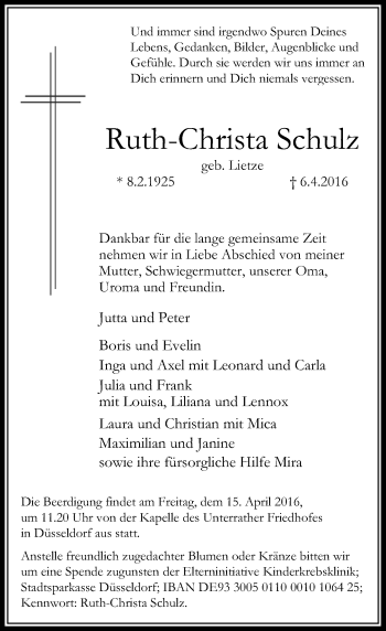 Traueranzeige von Ruth-Christa Schulz von Rheinische Post