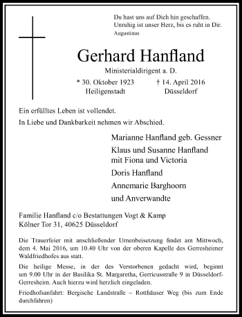 Traueranzeige von Gerhard Hanfland von Rheinische Post
