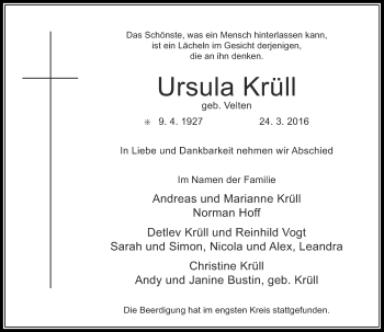 Traueranzeige von Ursula Krüll von Rheinische Post