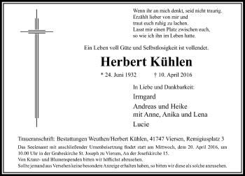 Traueranzeige von Herbert Kühlen von Rheinische Post