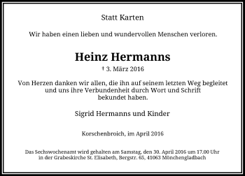 Traueranzeige von Heinz Hermanns von Rheinische Post