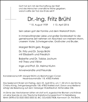 Traueranzeige von Fritz Brühl von Rheinische Post