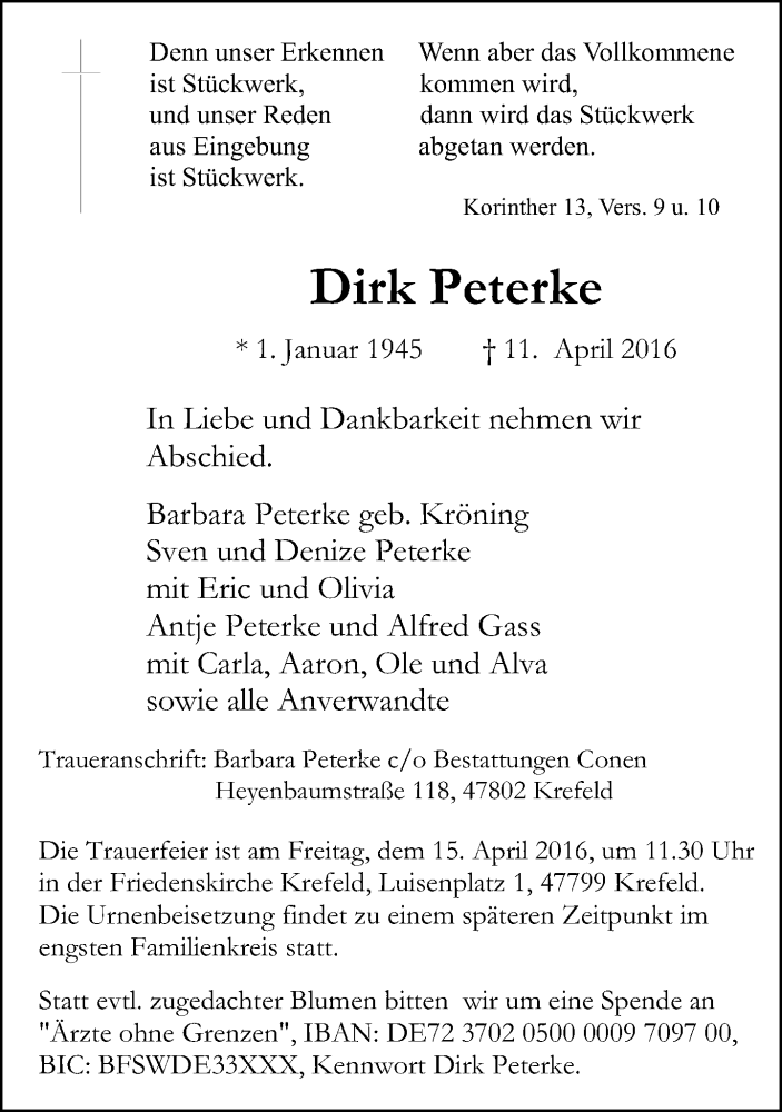  Traueranzeige für Dirk Peterke vom 13.04.2016 aus Rheinische Post