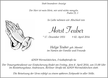 Traueranzeige von Horst Teuber von Rheinische Post