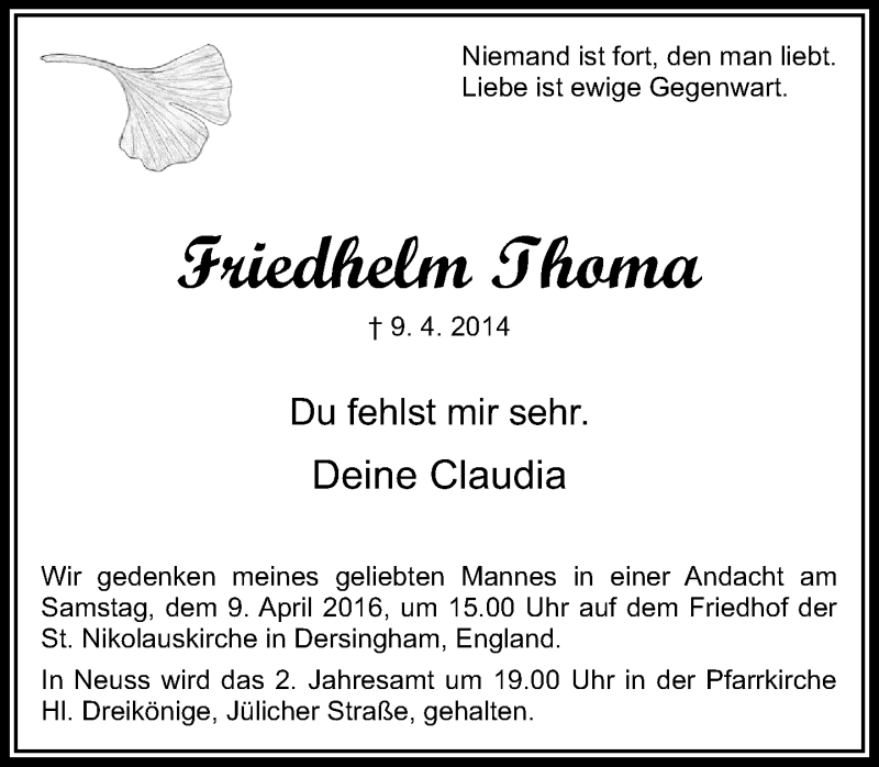  Traueranzeige für Friedhelm Thoma vom 02.04.2016 aus Rheinische Post