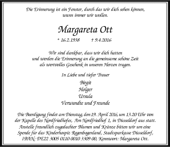 Traueranzeige von Margareta Ott von Rheinische Post