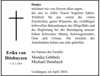 Traueranzeige von Erika van Ditshuyzen von Rheinische Post