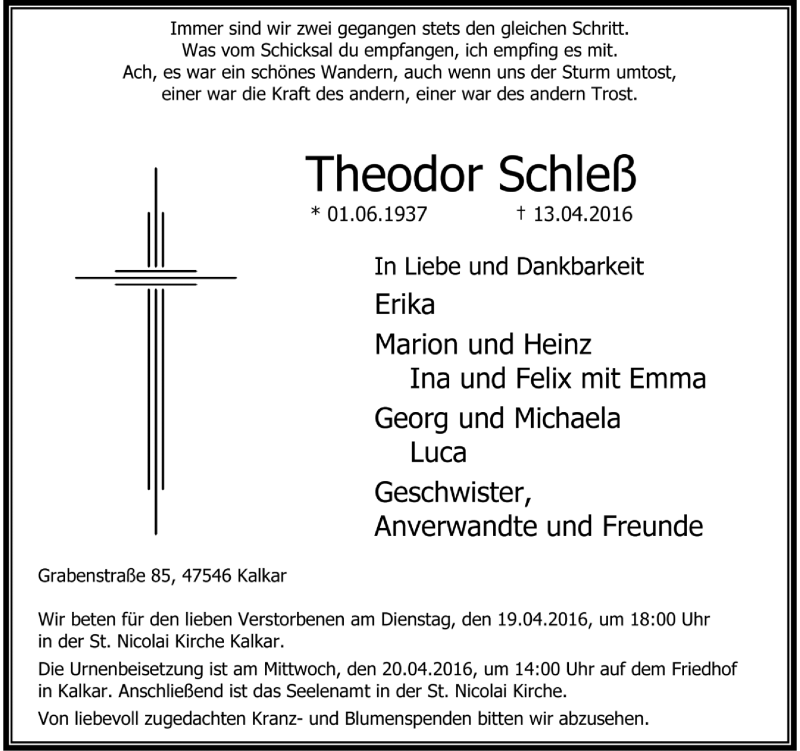  Traueranzeige für Theodor Schleß vom 20.04.2016 aus Rheinische Post