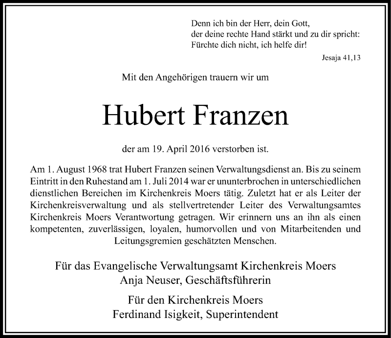  Traueranzeige für Hubert Franzen vom 22.04.2016 aus Rheinische Post