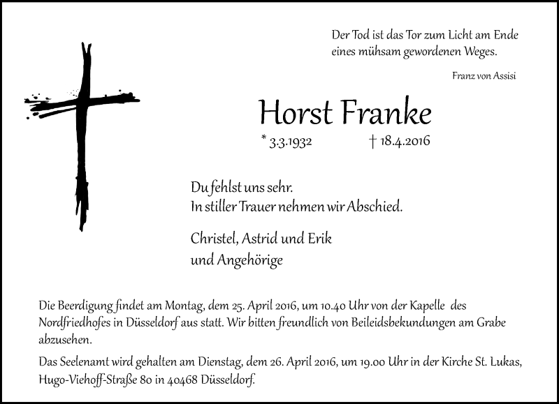  Traueranzeige für Horst Franke vom 23.04.2016 aus Rheinische Post