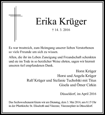 Traueranzeige von Erika Krüger von Rheinische Post