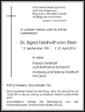 Traueranzeige von Sigrid Feldhoff-vom Stein von Rheinische Post