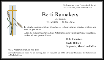 Traueranzeige von Berti Ramakers von Rheinische Post