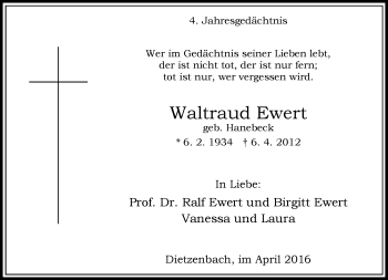 Traueranzeige von Waltraud Ewert von Rheinische Post