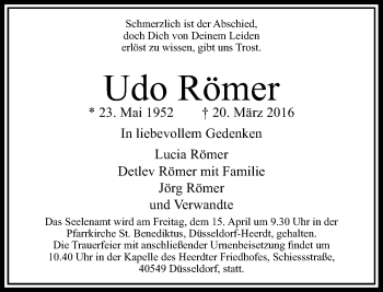 Traueranzeige von Udo Römer von Rheinische Post
