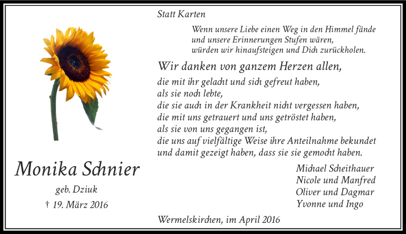  Traueranzeige für Monika Schnier vom 23.04.2016 aus Rheinische Post