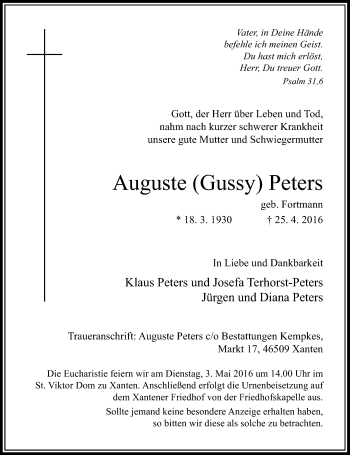 Traueranzeige von Auguste Peters von Rheinische Post