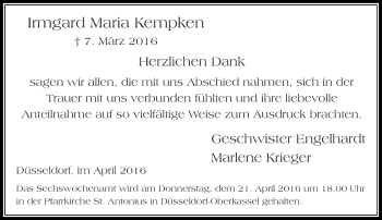Traueranzeige von Irmgard Maria Kempken von Rheinische Post