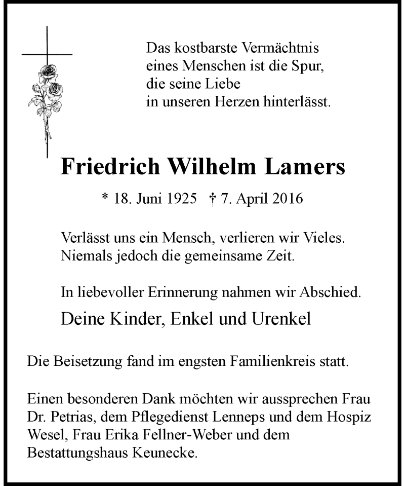  Traueranzeige für Friedrich Wilhelm Lamers vom 19.04.2016 aus Rheinische Post