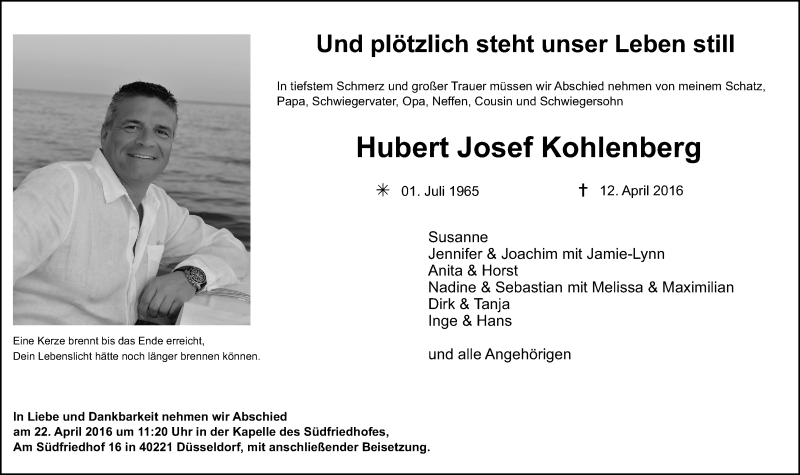 Traueranzeige für Hubert Josef Kohlenberg vom 16.04.2016 aus Rheinische Post