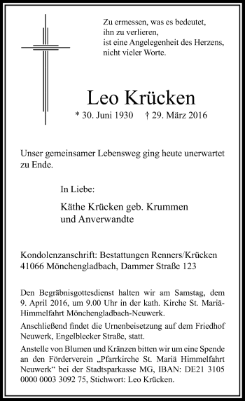 Traueranzeige von Leo Krucken von Rheinische Post