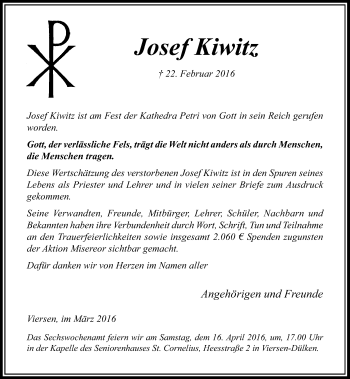 Traueranzeige von Josef Kiwitz von Rheinische Post