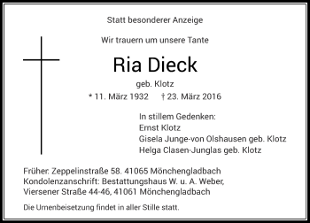 Traueranzeige von Ria Dieck von Rheinische Post