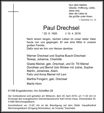Traueranzeige von Paul Drechsel von Rheinische Post