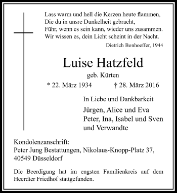 Traueranzeige von Luise Hatzfeld von Rheinische Post