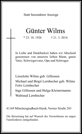 Traueranzeige von Günter Wilms von Rheinische Post
