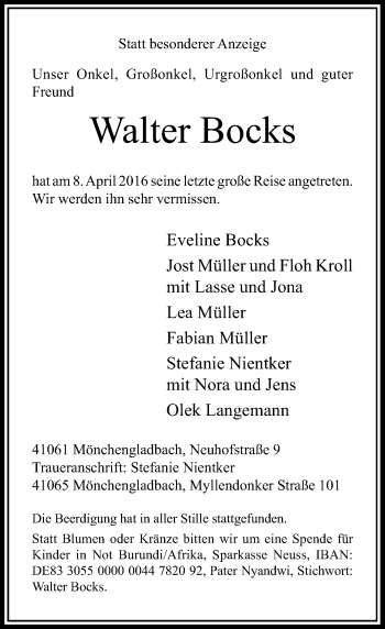 Traueranzeige von Walter Bocks von Rheinische Post