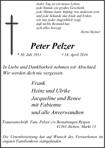 Traueranzeige von Peter Pelzer von Rheinische Post