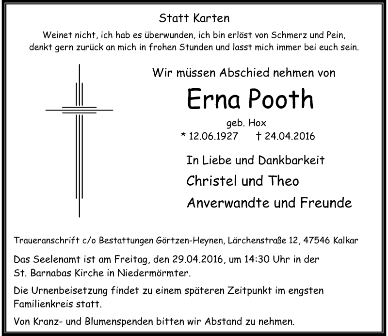  Traueranzeige für Erna Pooth vom 26.04.2016 aus Rheinische Post
