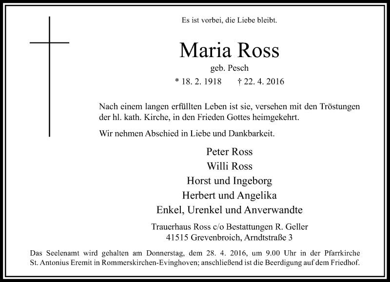 Alle Traueranzeigen für Maria Ross | trauer.rp-online.de