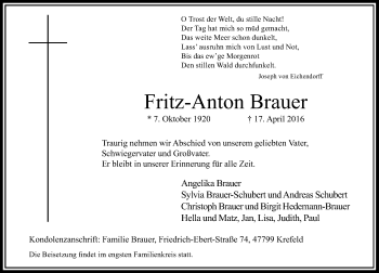 Traueranzeige von Fritz-Anton Brauer von Rheinische Post