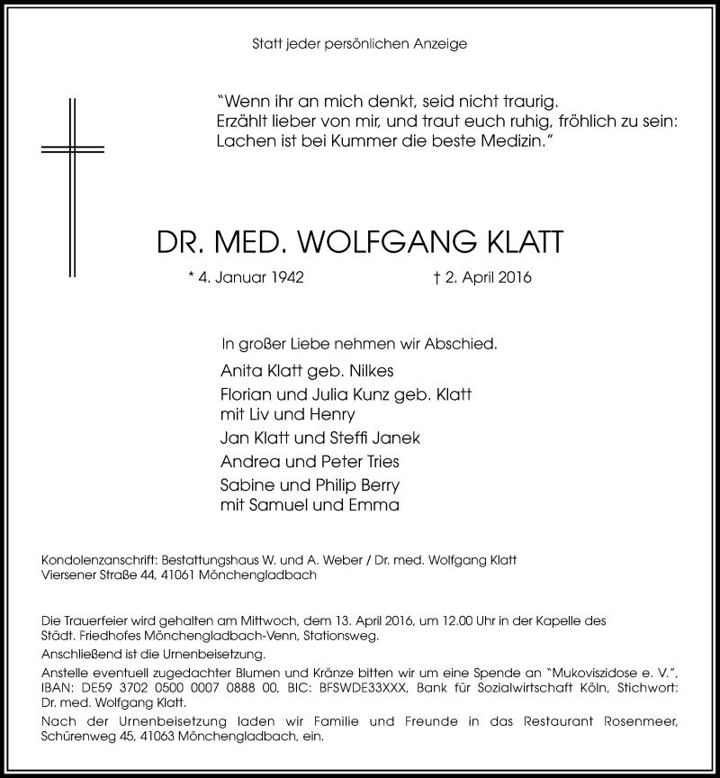  Traueranzeige für Wolfgang Klatt vom 09.04.2016 aus Rheinische Post