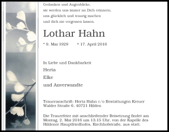Traueranzeige von Lothar Hahn von Rheinische Post