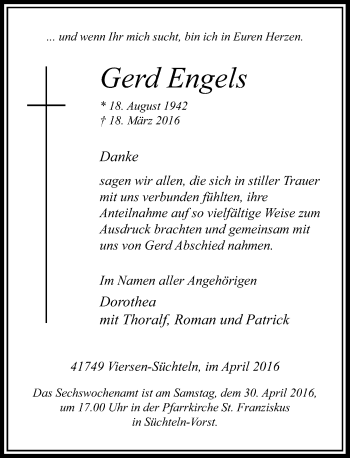 Traueranzeige von Gerd Engels von Rheinische Post