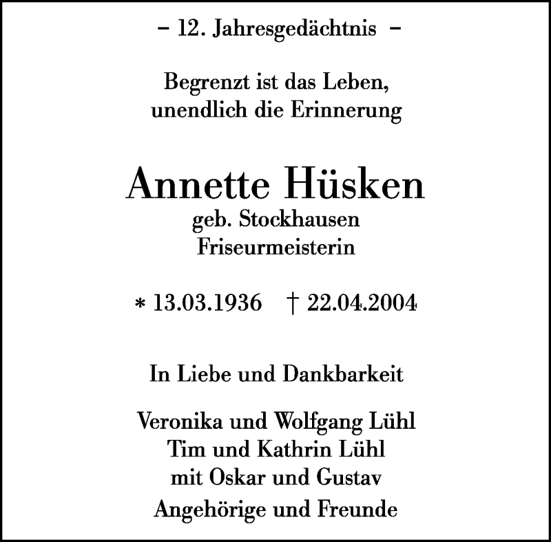  Traueranzeige für Annette Hüsken vom 22.04.2016 aus Rheinische Post