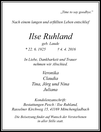 Traueranzeige von Ilse Ruhland von Rheinische Post