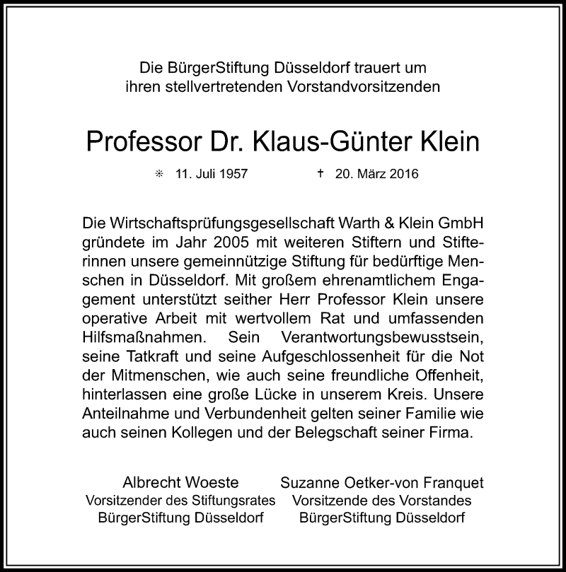  Traueranzeige für Klaus-Günter Klein vom 02.04.2016 aus Rheinische Post