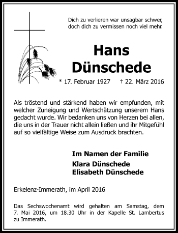 Traueranzeige von Hans Dünschede von Rheinische Post