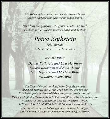 Traueranzeige von Petra Rothstein von Rheinische Post