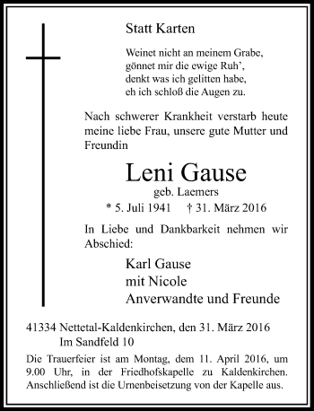 Traueranzeige von Leni Gause von Rheinische Post