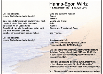 Alle Traueranzeigen F R Hanns Egon Wirtz Trauer Rp Online De